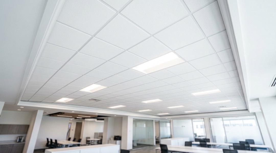 New acoustical grid-and-tile ceiling with LED panels in an Austin commercial office