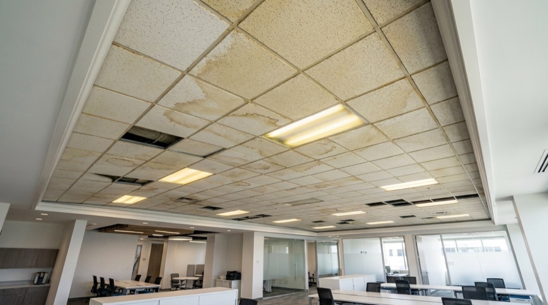 Dated office ceiling before an acoustical ceiling replacement in Austin