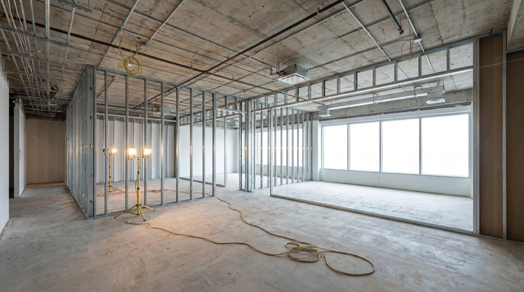 Commercial space stripped to metal-stud framing before the buildout in Austin