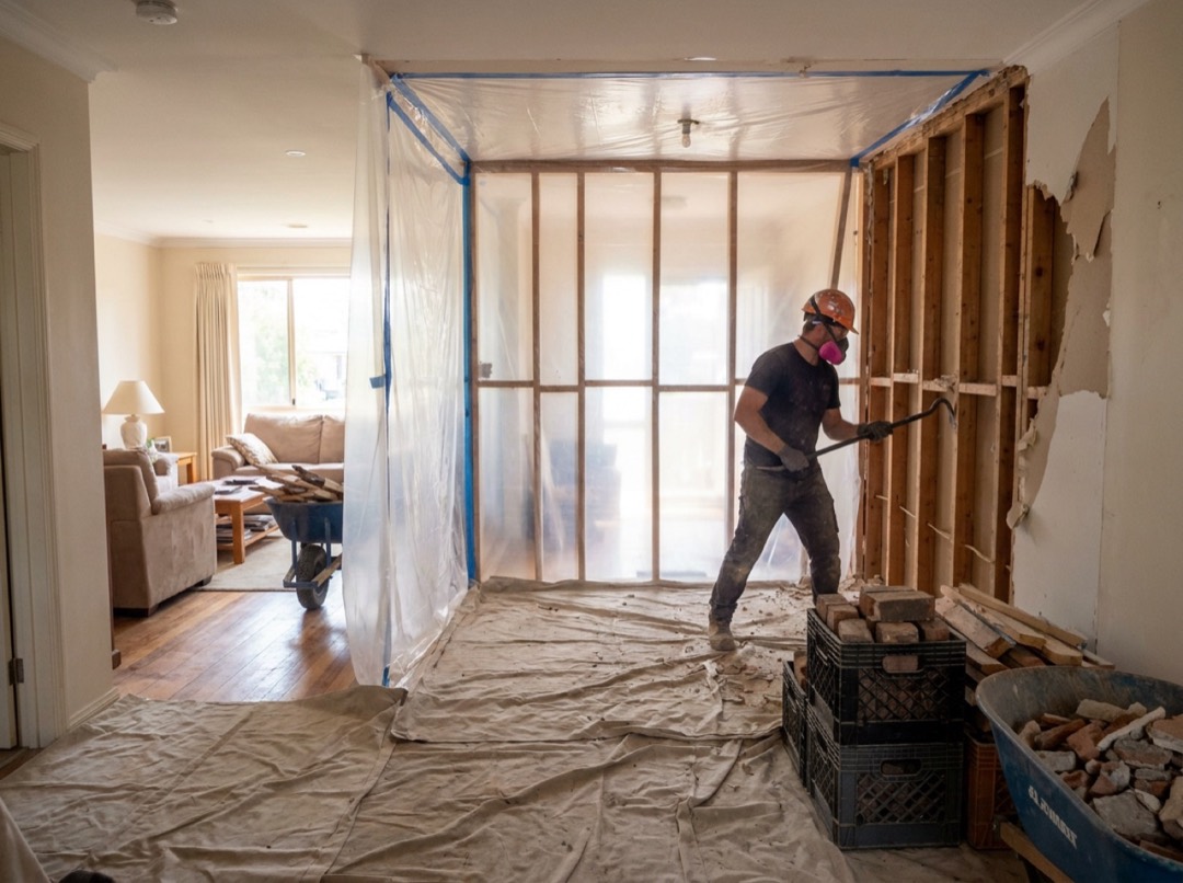 Controlled interior demolition with dust barrier on an Austin commercial job