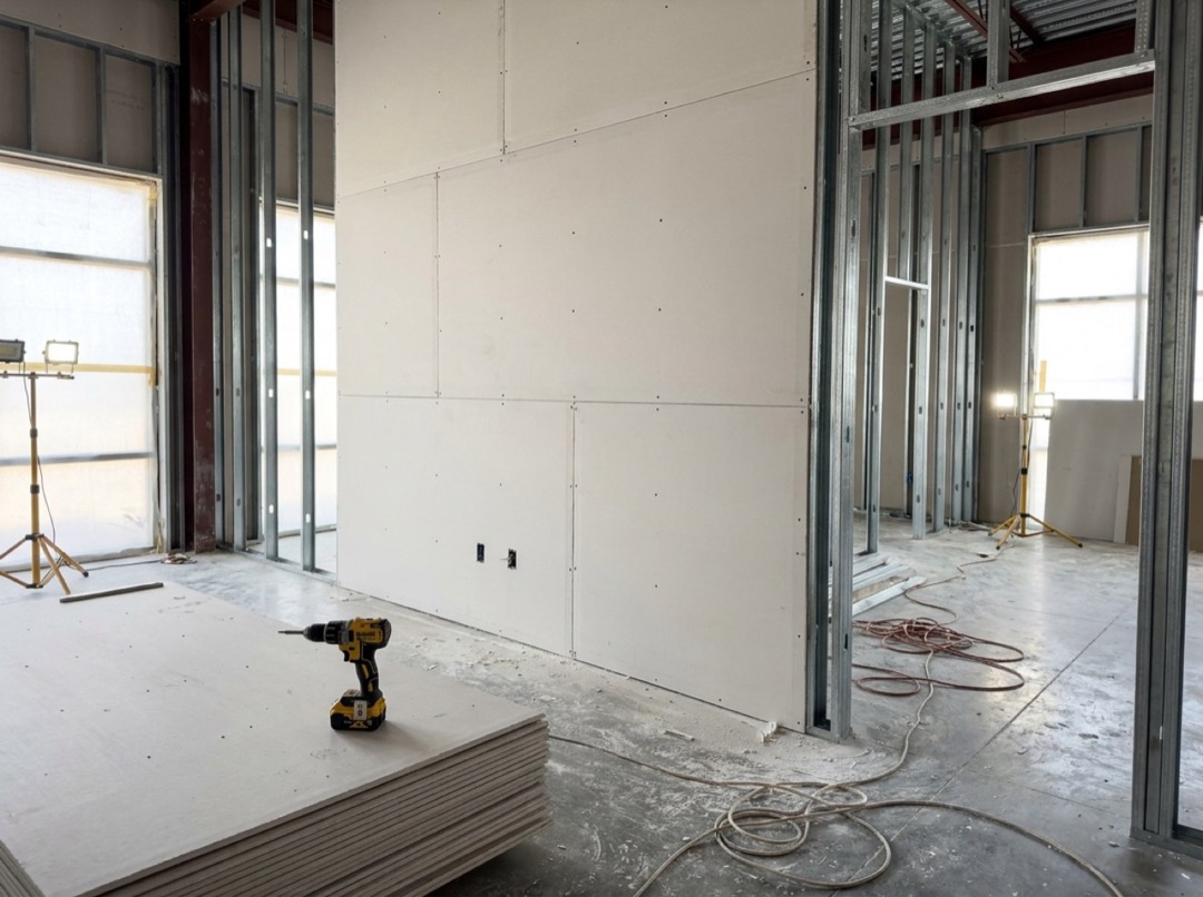 Drywall panels hung on metal studs, ready for the finishers, on an Austin commercial job