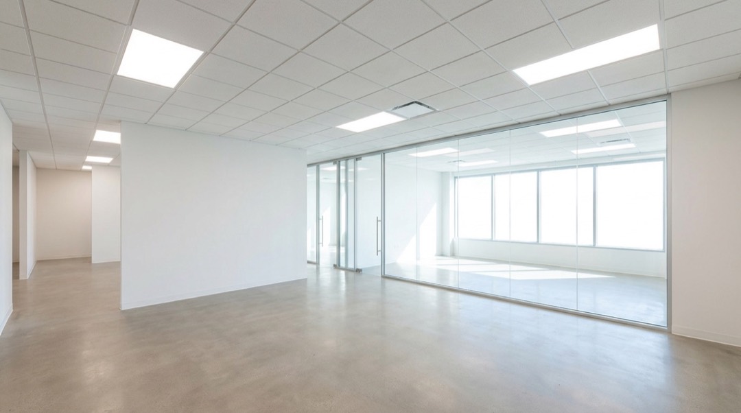 Finished commercial office interior with acoustical ceiling and glass partition in Austin