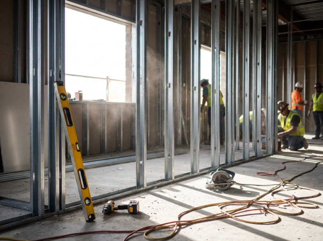Metal stud framing on an active Austin commercial construction site by Martinez Professional Construction